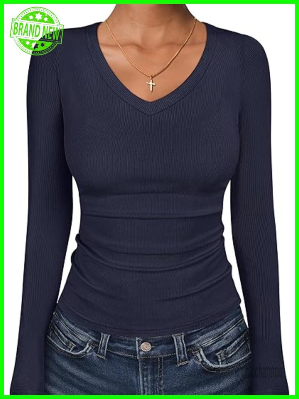 Women's Fitted Ribbed Knit Long Sleeve V Neck Tee Shirt Layering Top
